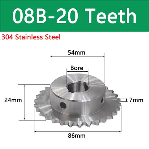 Heavy Duty Stainless Steel Sprocket For Industrial Chain Wheel Fits 20 To 28 Teeth with 86mm diameter and 24mm thickness.