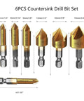 Top Tier 6 Piece Countersink Drill Bit Set With A Rock Hard Quarter Inch Hex Shank And Snappy 5 Flute Cutter, HSS bits sizes displayed.