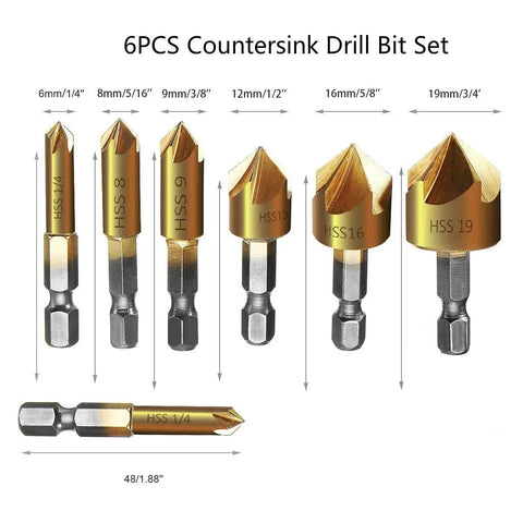 Top Tier 6 Piece Countersink Drill Bit Set With A Rock Hard Quarter Inch Hex Shank And Snappy 5 Flute Cutter, HSS bits sizes displayed.
