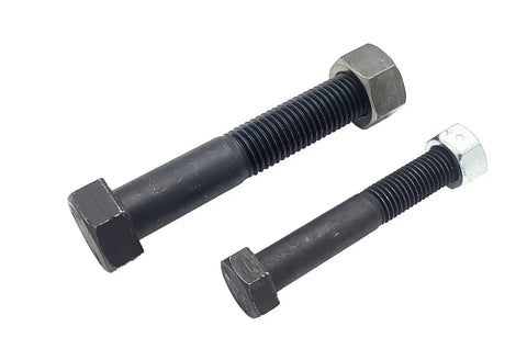 Heavy Duty 10K Trailer Spring Eye Bolt Kit With Lock Nuts showing black bolts and nuts for RV camper equalizers