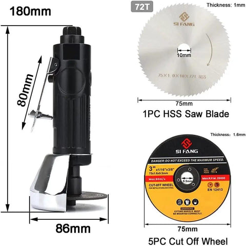 3 Inch Pneumatic Cut Off Tool With 5 Piece 3 Inch Cutting Disc Set Includes HSS Saw Blade Wrench And One Quarter Inch NPT Air Fitting