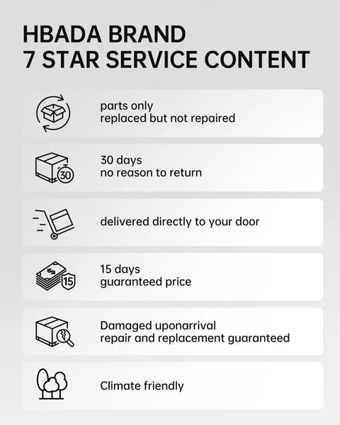 Hbada brand 7 star service content with delivery, guaranteed price, repair, replacement, and climate friendly icons.