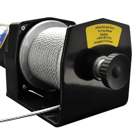 Close-up of 2000 Pound 12 Volt ATV Winch With Low Amp Permanent Magnet Motor featuring pull and turn freespool clutch