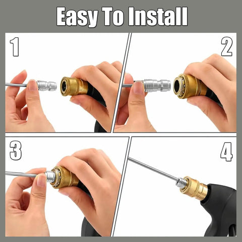 4 Pack High Pressure Washer Nozzle Tips With 1/4 Quick Connect installation steps showing hand attaching needle nose tip to wand