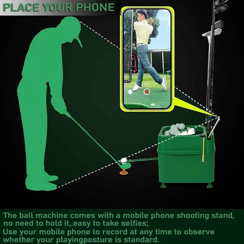 Illustration of Hands Free Golf Ball Dispenser For Indoor Simulators And Driving Range With Auto Tee Up System and phone stand