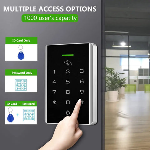 Rock Solid Stand Alone Door Access Control Keypad With 125 Khz Proximity Reader and Password Code Combo showing access options and user interface.