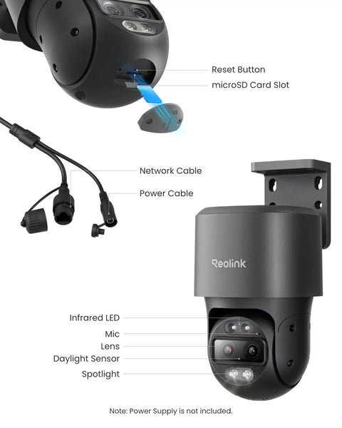 Power Over Ethernet PTZ Security Camera System With 4K Dual Lens 6X Hybrid Zoom and network cable details shown