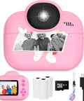 Instant Print Kids Camera For Girls And Grandkids With 1080P HD Video Easy To Use Toy Camera Thermal Printer Includes SD Card Pink Color Perfect Gift For Ages Four Through Ten, pink front view with printed photo and accessories