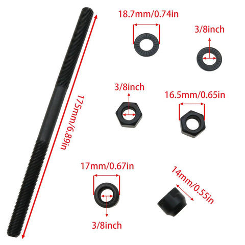 Heavy Duty 175mm Three Eighths Inch Bike Axle For Rear Hub Replacement 26 TPI Conical Lock Nut Washer Kit Black Steel Shaft