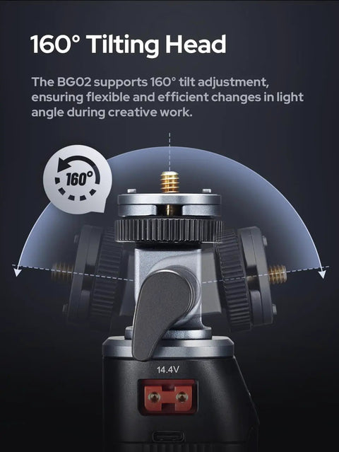 BG02 Battery Grip 14.4V 6600mAh D Tap USB C For AD200 Pro II And ML LED Light showing 160-degree tilting head