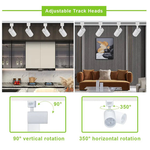 Arcfox Dope 7W LED Track Lighting Heads 4000K Dimmable J Type Rail 2 Wire Single Circuit fixtures with rotation angles shown