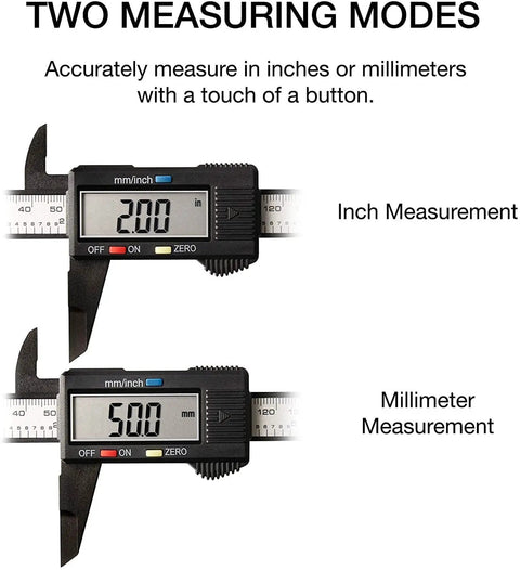 Six Inch Digital Caliper Handy Electronic Measuring Tool With Inch And Millimeter Modes showing inch and mm measurements.