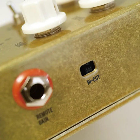 Close-up of gold finish Morning Glory V4 Overdrive Guitar Pedal With Transparent Drive And Tube Like Response showing hi-cut switch