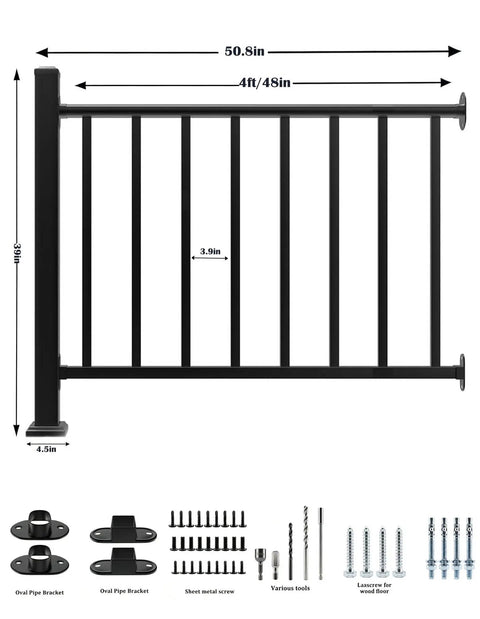 Hella Tough Deck Railing Kit With Reinforced Posts For Patios And Stairs 39 Inch high by 50.8 Inch wide black steel guardrail system.