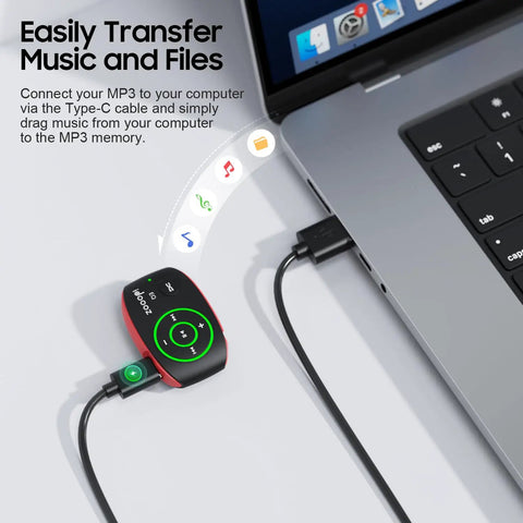 Clip-On MP3 Player With LED Light, 8GB Mini Music Player connected to laptop for file transfer