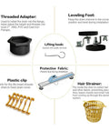 Threaded adapter, leveling foot, lifting hook, protective fabric, and hair strainer parts for 18 Inch Gold Linear Shower Drain