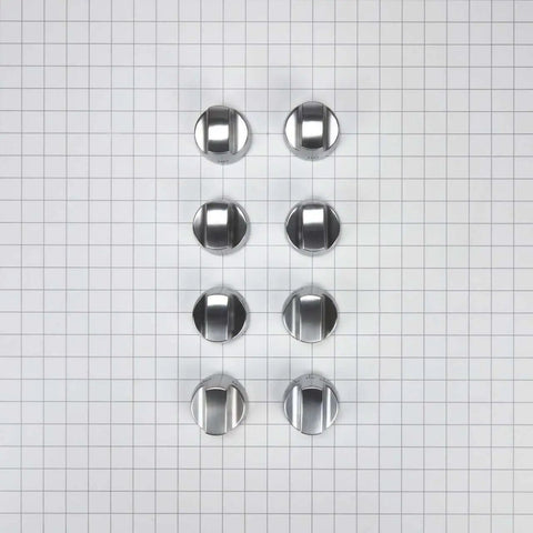 Top view of 8 Stainless Steel Cooktop Knob Kit Replacement For Most Major Brands on grid pattern