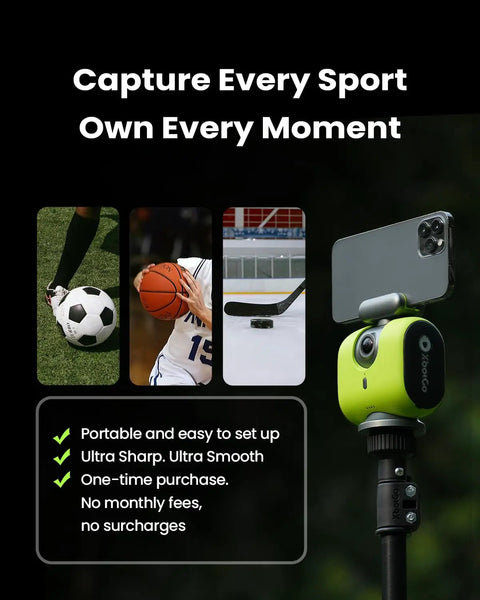 Chameleon AI Auto Sports Action Camera, 4K 60FPS Real Time Player Tracking for Soccer and Basketball, Lava Graphite Finish on tripod