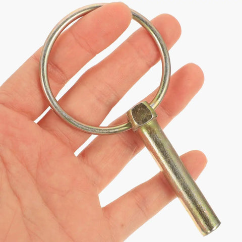 Heavy Duty Galvanized Lynch Pins With Ring Kit For Trailers And Farm Equipment, showing zinc plated pin held in hand