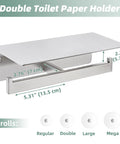 Double Toilet Paper Holder With Shelf In 304 Stainless Steel Brushed Nickel Finish, showing dimensions and fit for various roll sizes.