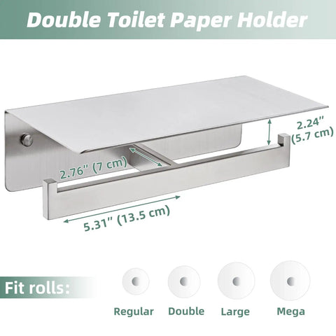 Double Toilet Paper Holder With Shelf In 304 Stainless Steel Brushed Nickel Finish, showing dimensions and fit for various roll sizes.