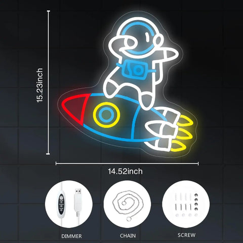 Dimmable Spaceman LED Neon Light With Transparent Backing Astronaut And Rockets Wall Art Space Room Decor For Teens And Kids Gift
