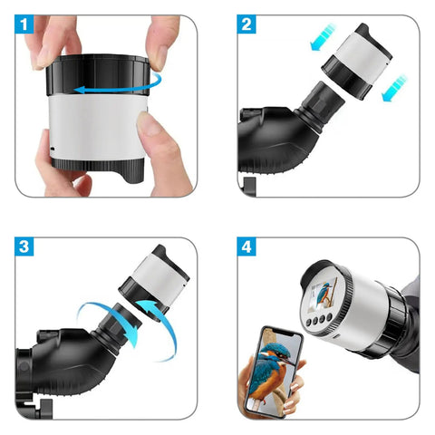 Showing installation of 2K WiFi Telescope Camera Eyepiece With 2 Inch Screen And 2000mAh Battery For 36 To 73mm devices.