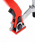 Close-up of Heavy Duty Bench Dog Clamp Five Eighth Inch Hold Down Ratchet Clamp with jaws, showing red handle and metal ratchet details.