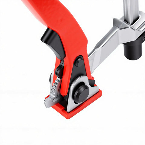 Close-up of Heavy Duty Bench Dog Clamp Five Eighth Inch Hold Down Ratchet Clamp with jaws, showing red handle and metal ratchet details.