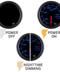 Tinted 7 Color Water Temperature Gauge Kit For Cars And Trucks 100 To 300F Range 2-1/16 Inch 52mm Dial Illuminated Black Face Easy Install Coolant Temp Gauge, 52mm black dial with blue LED power on and power off views