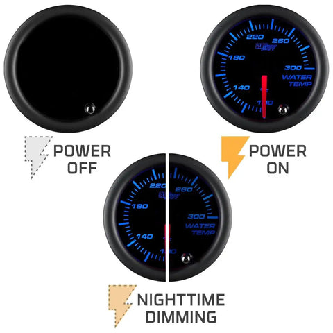 Tinted 7 Color Water Temperature Gauge Kit For Cars And Trucks 100 To 300F Range 2-1/16 Inch 52mm Dial Illuminated Black Face Easy Install Coolant Temp Gauge, 52mm black dial with blue LED power on and power off views