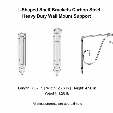Heavy Duty Carbon Steel L-Shaped Shelf Brackets for Wall Mounts And Floating Shelves detailed dimensions diagram.