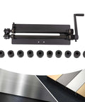 Bead Roller Kit For Sheet Metal Fabrication With 6 Die Set Manual Crank Beading Machine and dies displayed with sheet metal samples