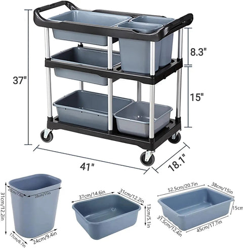 3 Tier Heavy Duty Utility Cart On Wheels With Removable Bins Mobile Storage Cart For Kitchen And Restaurant Hotel Or Office Easy Organization For Laundry Or Break Room Multi Function Shelving Unit Beast Of A Storage Cart, dimensions shown