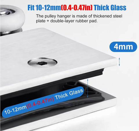 Close-up of sliding glass barn door hardware kit pulley hanger and rubber pad for 10-12mm thick glass
