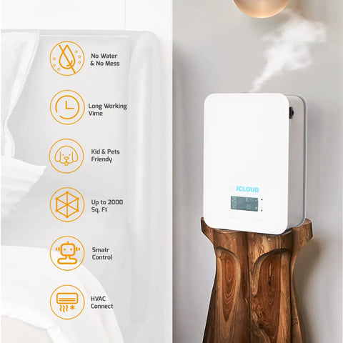 Smart Cold Air Diffuser For Home Essential Oil Aromatherapy Mist Machine Silent Operation, modern white finish on a wooden shelf.