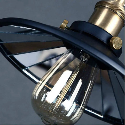 Kick Up Your Style With Adjustable Height Retractable Pulley System Vintage Black Metal Chandelier Ceiling Lamp close-up view of bulb and metal shade.