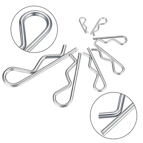 R Clip Cotter Pins Set, Stainless Steel Assortment Kit showing mixed sizes and close-up of loop and prong details.