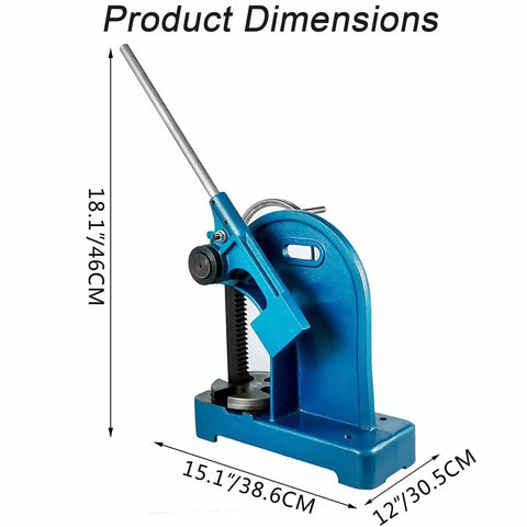 Product dimensions of Heavy Duty Cast Iron Arbor Press Machine With Solid Base, 18.1" height and 15.1" width for precision tasks.