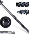 Fourteen By Four Inch Wood Structural Screws Exterior Hex Head Lag Screws Black Heavy Duty Timber Decking And Landscaping Screws Fifty Pack With Five Sixteenths Inch Hex Socket Included No Pre Drill Needed Anti Corrosion Salt Spray Tested, close-up view of screw components and hex socket.