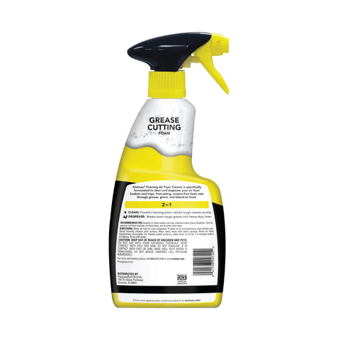 Front view of foaming air fryer cleaner spray bottle with yellow trigger, black base, 14 oz.