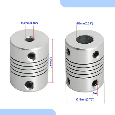 2 Pack Flexible Beam Couplings 4mm To 8mm Shaft, 19mm Outer Diameter, 25mm Length, M4 Screws shown side by side