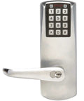 Top Shelf Electronic Cylindrical Lock With Sleek Satin Chrome Finish And 12 Button Keypad showing keypad and handle.