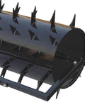 Close-up of 48 Inch Wide Drum Spike Aerator With Pin Style Hitch And Lawn Roller, showing black steel with 108 spiked system