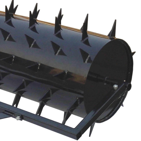 Close-up of 48 Inch Wide Drum Spike Aerator With Pin Style Hitch And Lawn Roller, showing black steel with 108 spiked system