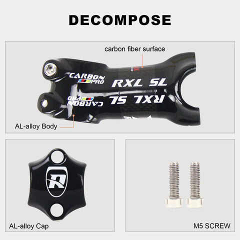 Carbon Fiber Road Bike Stem 25.4mm Clamp 50mm Length 6 Degree Rise Ultralight 120g Aluminum Alloy Build For Road MTB TT Bikes 3K Glossy Black Easy Install And Ride Ready with labeled components
