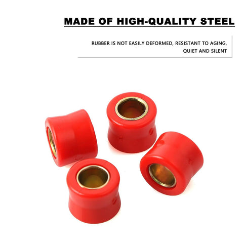 Built Tough Four Piece Rear Shock Absorbing Suspension Bushings Kit 10mm Rubber Vibration Dampeners In Fiery Red shown from above.