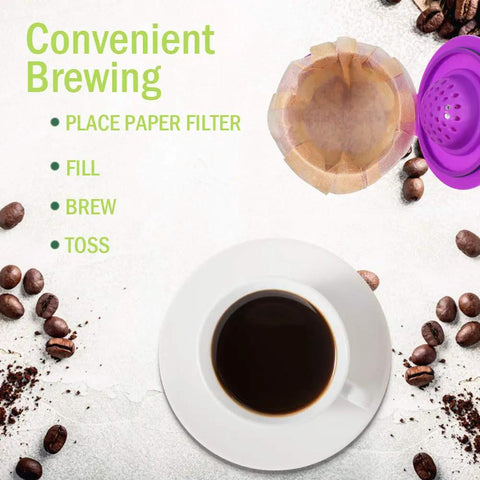 Disposable Coffee Filters For Keurig Pods Replacement Keurig Compatible 300 Count Natural Eco Friendly Paper Filters For Single Serve Coffee Makers Easy Brew Mess Free shown with coffee cup and beans