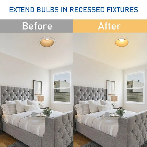 Comparison of bedroom lighting before and after using Bulb Socket Extender Four Pack E26 To E26 Lamp Socket Extension for recessed fixtures.
