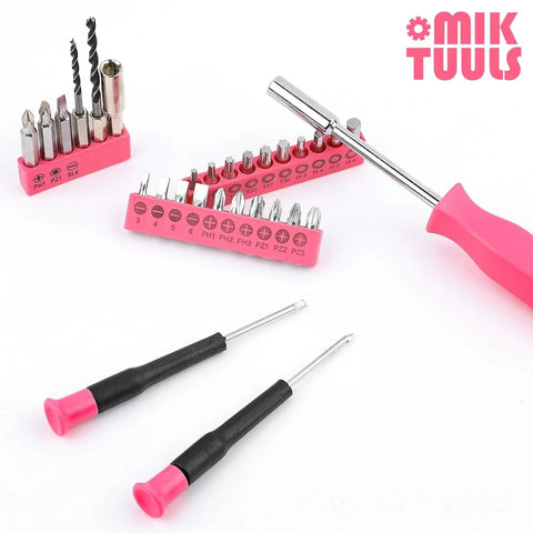 Pink handle screwdriver set with assorted bits and drill pieces arranged on a white surface, branded with MIK TOOLS logo.